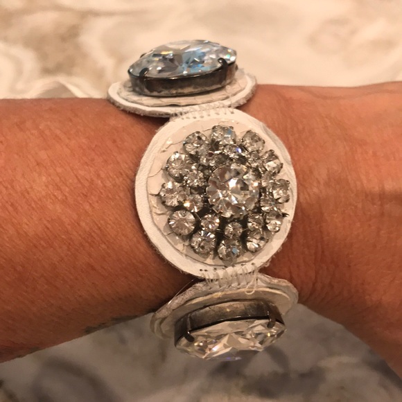 Michelle Roy Jewelry - White leather/ crystal bracelet or choker